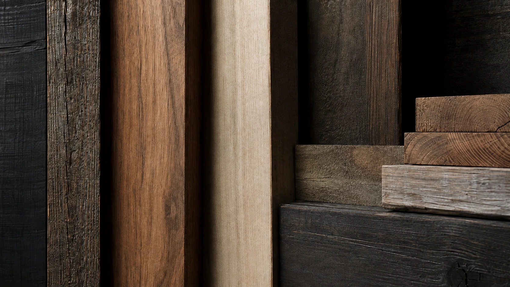 Close-up lineup of walnut, oak, ash and reclaimed timber at Ludo's yard